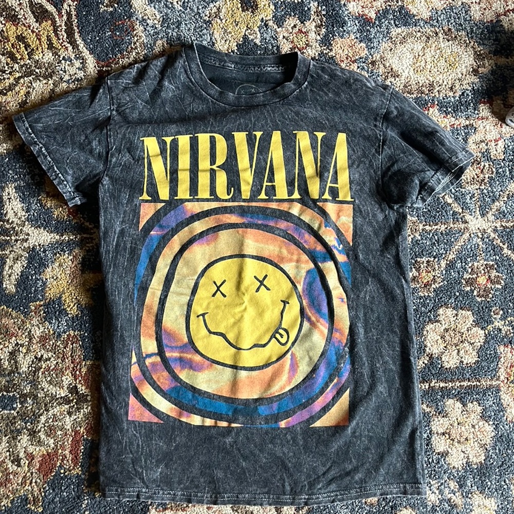 Nirvana grey acid wash printed t shirt. Size small. 100% cotton.